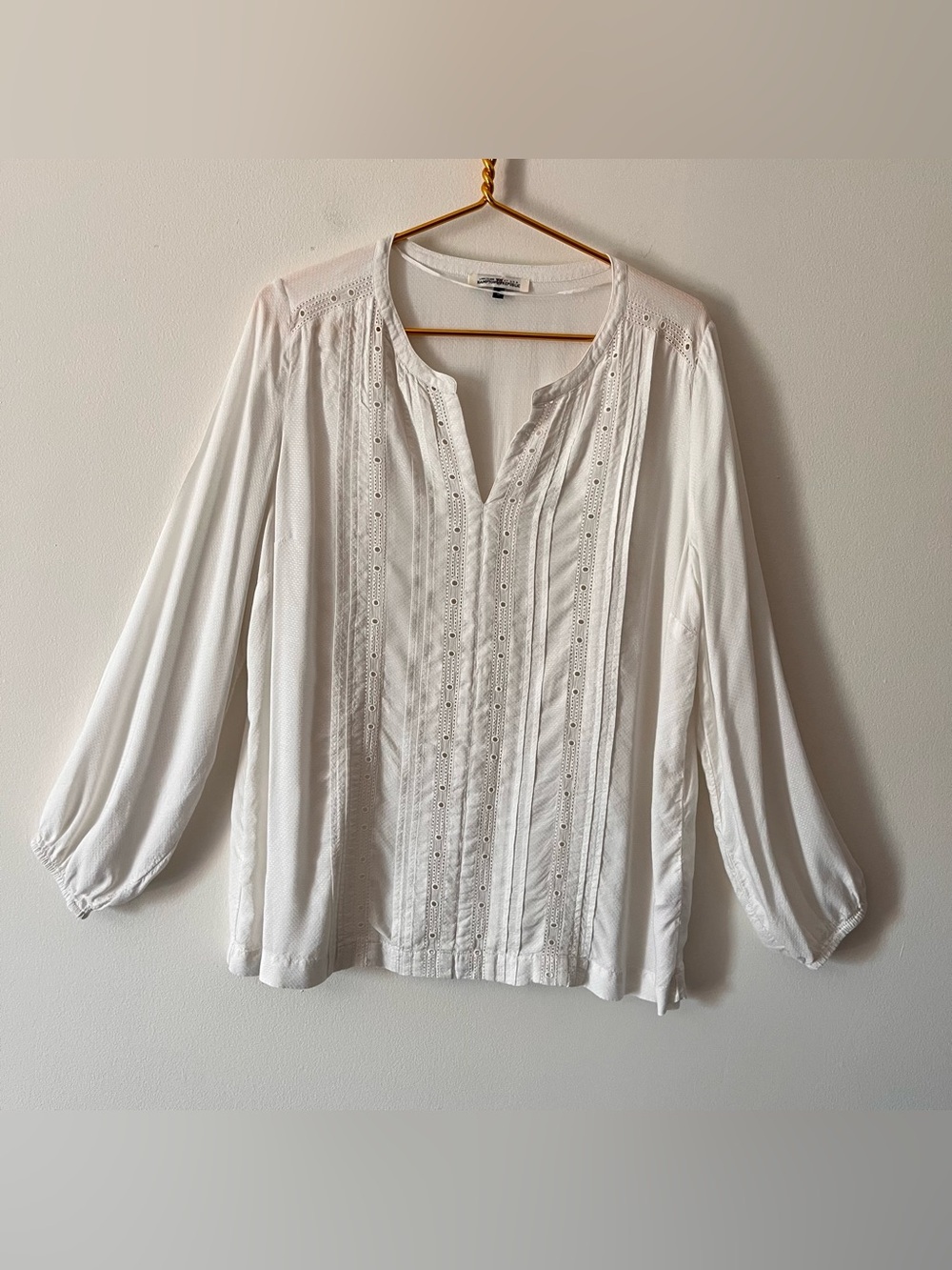 Ivory Hampton Republic Eyelet Sheer Pintuck Peasant Blouse Made in India S